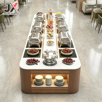 Comptoir de buffet sur mesure, texture bois, vitrine de présentation pour la restauration, station de service alimentaire multi-stations pour hall d'hôtel, restaurant