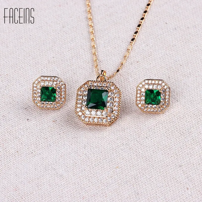 FACEINS Wholesale Retro Pyramid Zircon Jewelry Set Copper Jewelry Bridal Set Champagne Gold Plated Jewelry