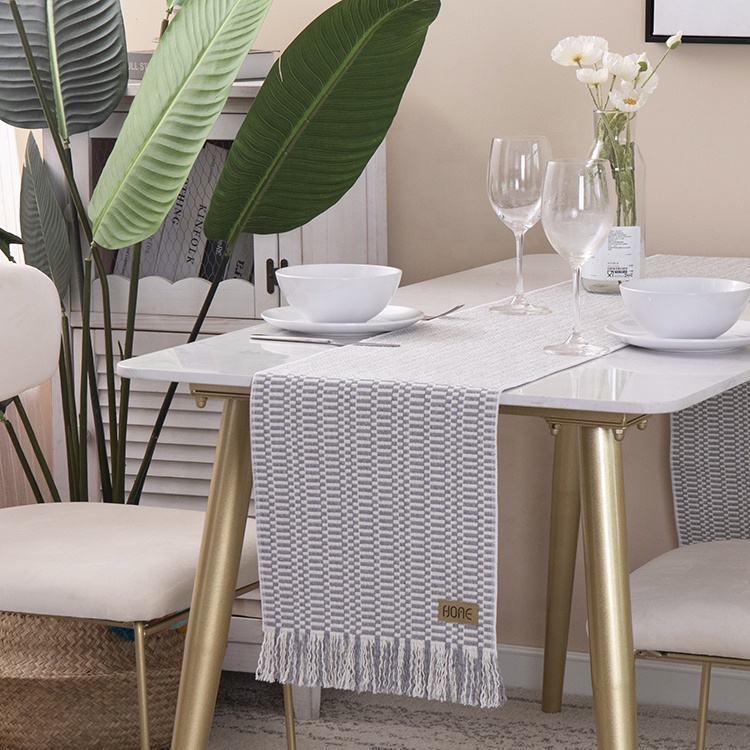 Длинный серый жаккардовый Плетеный кофейный столик в скандинавском стиле из натурального хлопка и полиэстера с индивидуальным логотипом для обеденного стола