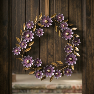 Corona de Flores Metálica Rústica Hecha a Mano, Decorativa, con Margaritas Púrpuras, Redonda, para Colgar en la Pared, Sin Iluminación, Paquete Individual - Product Image 6