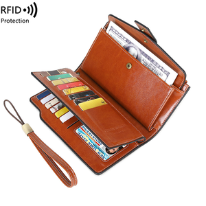 2026 Wholesale Womens <b>RFID</b> Blocking Large Capacity Luxury Waxed Leather Clutch <b>Wallet</b> Multi Card Organizer - Product Image 1