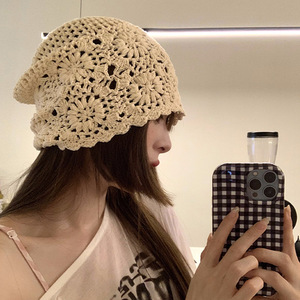 Women's <strong>Lazy</strong> Beanie Hat Hand Woven Hollow Floating Flower Head Elastic Crochet Hat Lightweight Elastic comfort Knitted Hat - Product Image 3