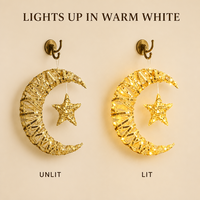 Ornement suspendu en forme de croissant de lune en ruban à paillettes dorées pour l'Aïd du Ramadan, avec étoile intérieure et LED chaude, réutilisable et durable pour mur, fenêtre, maison