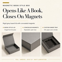 Boîte cadeau de luxe en carton rigide gris mat avec estampage à chaud or, certifiée FSC, style livre magnétique