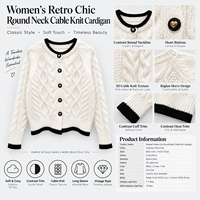 Cardigan Rétro Femme OEM ODM à Manches Longues et Couleurs Contrastées, Style Français, Col Rond, Manteau Simple Boutonnage, Pull en Maille Torsadée 3D pour l'Automne