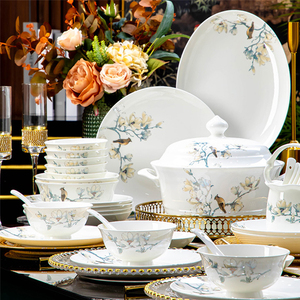 Vajilla de gama alta, cuenco y plato Jingdezhen, porcelana de hueso fino, juego de vajilla <span class=keywords><strong>chino</strong></span> con flores y pájaros, platos de cerámica - Product Image 1