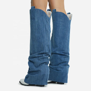 Custom Slouched Denim Cowboy Boots Overlay Women's Slip-on Point Toe Knee High <b>Booties</b> Blue High Chunky Heel Size 43 - Product Image 4