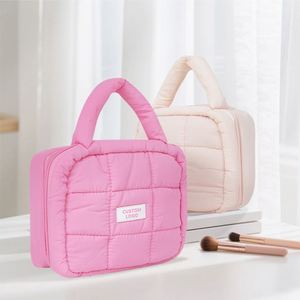 Custom Logo Quilted Makeup <b>Bag</b> with Handle Portable Cosmetic Organizer <b>Bag</b> with <b>Clear</b> Pocket for <b>Travel</b> - Product Image 4