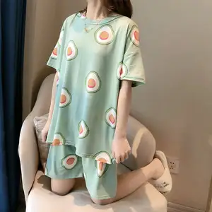 Baju Tidur Lengan Pendek Wanita, Dua Potong Pakaian Rumah Longgar Pullover Kartun Piyama Pakaian Tidur