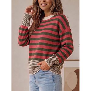 Pull rayé personnalisé pour femme, col rond, manches longues, tricot doux en coton, haut décontracté pour l'automne - Product Image 4