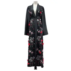 Loriya Fashion Black Open Abaya with Floral Embroidery Lace Dress Kimono Cardigan Kaftan Abaya in Dubai