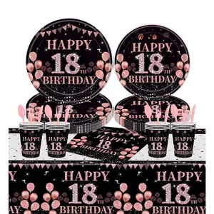 117 pièces 18e joyeux anniversaire fête vaisselle assiettes jetables serviettes gobelets en papier 18e anniversaire décorations fête fournitures