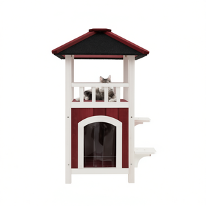 Maison pour chat en bois à 2 étages, toit en asphalte rouge et blanc, balcon, rideau anti-pluie, mobilier d'intérieur pour animaux de compagnie - Product Image 1