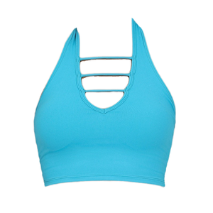 Open Back Hanging Neck Yoga Fitness Tank <b>Top</b> Padded Nude Pilates Sports Bra for <b>Running</b> Training Breathable with Front Logo - Product Image 1