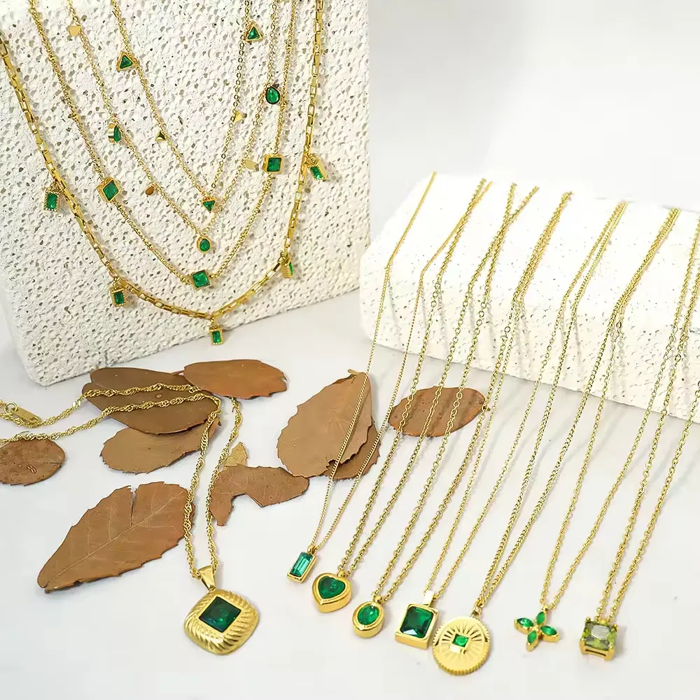 Lefeng oro placcato 18k verde collana di zirconi in acciaio inox cuore zircone collana a catena per donne produttore di gioielli