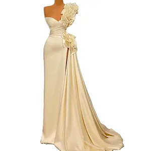 Gaun pernikahan Satin, gaun Prom putri duyung Modern, belahan kaki tinggi seksi dengan kerutan, gaun pernikahan Satin melar satu bahu asimetris elegan