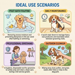 ผ้าเช็ดทำความสะอาดหูสัตว์เลี้ยงแบบขายส่งพร้อมโลโก้สั่งทำ แผ่นเช็ดทำความสะอาดหูสุนัขแบบธรรมชาติ กำจัดขี้หูและกลิ่นไม่พึงประสงค์ สารสกัดจากพืช OEM - Product Image 2