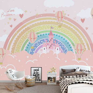 Papier peint mural personnalisé Château Ciel Rose Arc-en-ciel Montgolfière Nuage Papillon Décoration Crèche Filles Princesse - Product Image 4