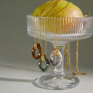 Resin Oval Double <b>Ring</b> <b>Necklace</b> With Diamond Inlay Gold Chain For Women Fashion Jewelry Gift - Product Image 4