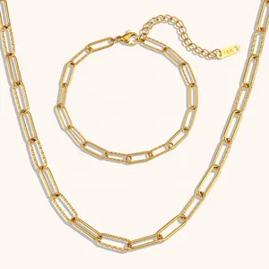 Dingran Fashion Paper Clip Chain Colares Pulseiras 18k Banhado A Ouro Aço Inoxidável Impermeável Jóias Set