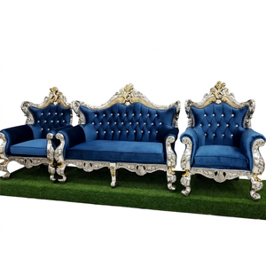 Conjunto de sofás de Metal y oro plateado para boda musulmana, conjunto de tronos de boda tallados en oro, mobiliario artesanal de madera real para boda - Product Image 1