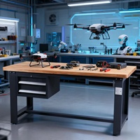 Banc de travail moderne en acier robuste avec plateau en bois et 2 tiroirs à fermeture amortie pour usage scolaire, hôtelier, extérieur, atelier et menuiserie