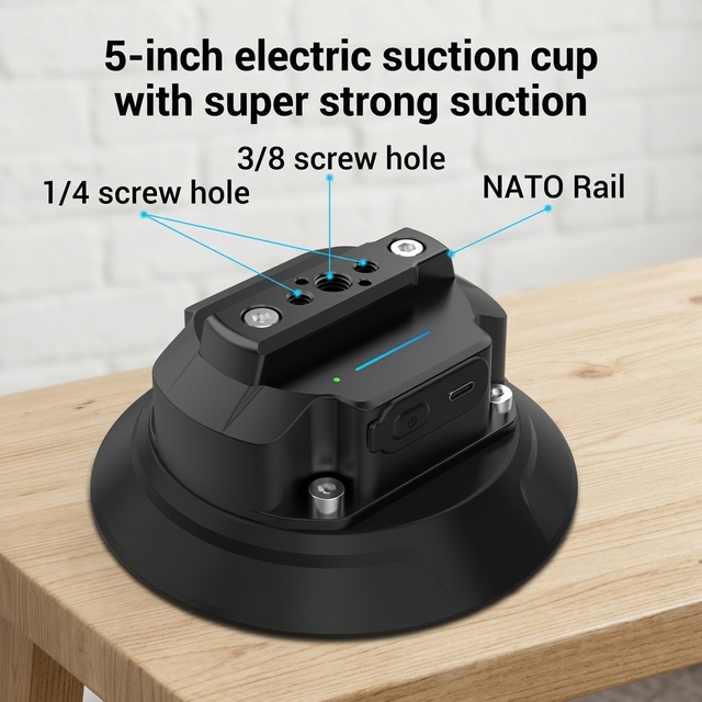 YUNKU Powerful 5-Inch Aluminum Alloy Silicone NATO Rail Action Camera Mount Electric Suction Cup Base 3/8"-16 1/4"-20 Screw for