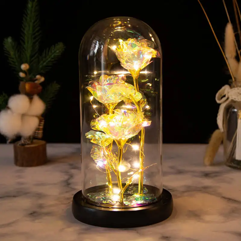 UO regali di san valentino artificiale con lampada a Led 24k lamina d'oro Galaxy Rose in cupola di vetro fiori decorativi con luci