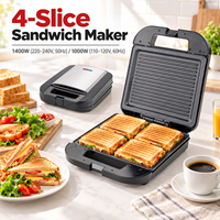 LEWE Grille-sandwich 4 tranches 1400W en acier inoxydable avec revêtement PTFE et marbre, design moderne pour usage domestique