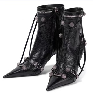 Black High Heel Leather Shoes Pointy Toe Sexy Lady's Ankle <b>Boots</b> Zip Buckle Studs Short Women Fashion Big Size 43 - Product Image 1