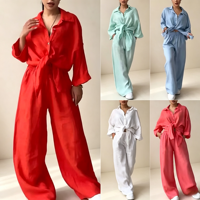 Nouvel ensemble décontracté en coton et lin pour femme 2026 – Blouse et pantalon deux pièces coupe ample couleur unie – Vêtements de gros pour fabricants