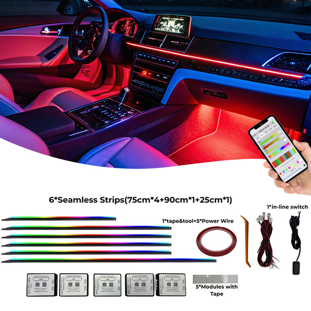Independent Zone Control App Controlled RGB LED Car Interior Ambient Lighting Kit 12V Universal Multi Color Neon Strip Lights