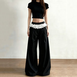 Pantalon de costume noir pour femme, style américain, avec bordure en dentelle, patchwork, taille basse, coupe slim, décontracté, drapé, long - Product Image 6