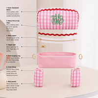Pochette de toilette à carreaux Gingham avec bordure Rick Rack, forme boîte, organiseur de voyage pour femmes