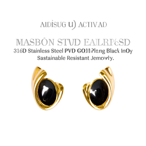 Fashion <b>Stud</b> <b>Earrings</b> 316L Stainless Steel PVD Gold Plating <b>Black</b> Stone Inlay Sustainable Resistant Jewelry - Product Image 2