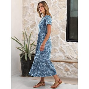 Anrabess Women Summer Casual Short Sleeve Maxi <b>Dress</b> A Line Floral Print Breathable O Neck With Pockets Beach Vacation Sundress - Product Image 4