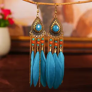 2021 6-color palace style women's feather earrings INS long water drop painting oil rice bead earrings holiday style