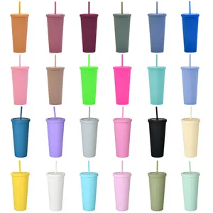 Water Bottle Eco 24oz Skinny Tumbler Double Wall Plastic Tumbler Pastel Colored Acrylic Cups with Lids and Straws