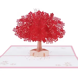 XINDUO立体紙彫刻赤いロマンチックな桜3Dグリーティングカード桜の休日