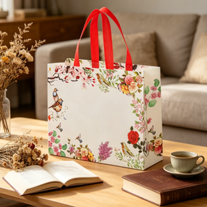 Vintage Flower Bird Non-woven <b>Gift</b> <b>Bag</b>, Waterproof Reusable Tote Handbag With <b>Red</b> Ribbon Handle for Wedding Jewelry <b>Gift</b> - Product Image 3