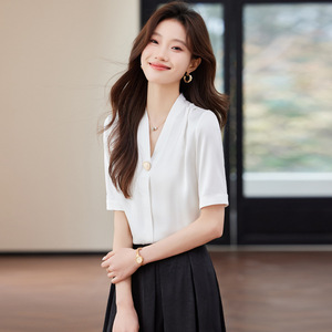 Women's Chiffon Short Sleeve Blouse Solid Color V Neck Office Shirt Polyester Fabric Sheer Layer Design - Product Image 4