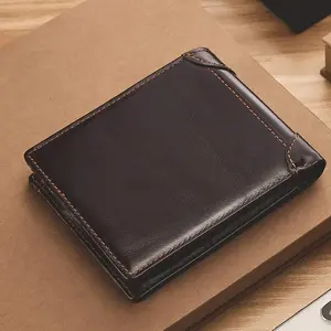 Carteira masculina compacta de couro legítimo, carteira masculina feita em couro legítimo com sistema rfid, com dobra central e compartimento para cartões