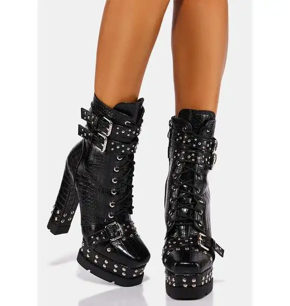 Supper High Chunky Heels Punk Styles Short Boots Women Double Platform Heels Over Lace up Ankle Boots with Buckles Studs All PU