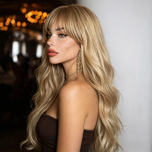 Extensiones de Cabello de 30 Pulgadas con Reflejos Dorados, Puntas Ligeramente Rizadas, Lacias, con Flequillo, Resistentes a Altas Temperaturas, Estilo SM606 - Product Image 4