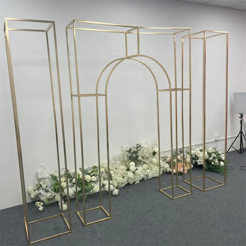 2023 explosões venda casamento fundo dourado arco 3 peças conjunto ferro forjado tela palco ornamentos decorativos flor stand