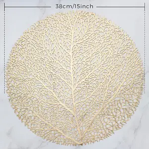 2023 Tabletex sıcak satış hollow tasarım ağacı yaprağı yuvarlak 38cm PVC placemat altın masa mat