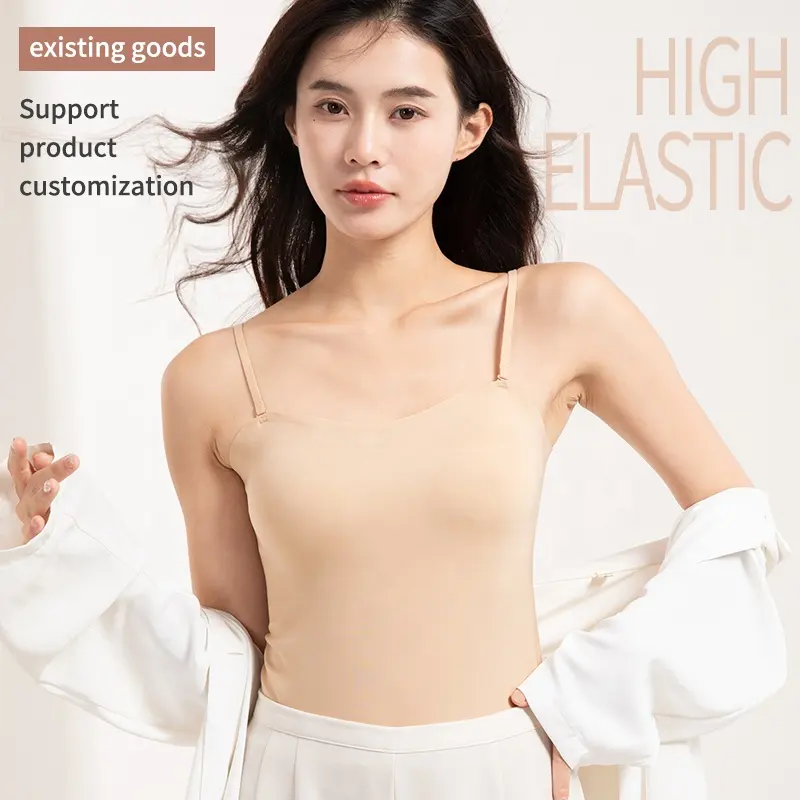 High Elastic Womens One Piece Solid Wrapped Tank Top Camisole With Chest Pad Bra Basic Tops Sling Bra With Adjustable Strap