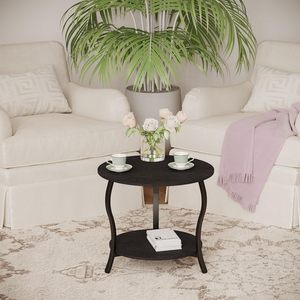 Petite <span class=keywords><strong>table</strong></span> basse à 2 niveaux avec rangement ouvert, design circulaire de <span class=keywords><strong>23</strong></span> pouces, pour salon, chambre, appartement, plateau en bois noir - Product Image 4