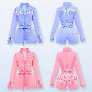 Conjunto <span class=keywords><strong>de</strong></span> chaqueta con cremallera recortada y cuello levantado para <span class=keywords><strong>mujer</strong></span>, chándal corto <span class=keywords><strong>de</strong></span> dos piezas con capucha y logotipo personalizado, F5934 - Product Image 3