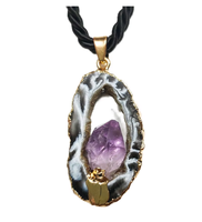 Pendentif en Agate Naturelle Polie, Tranche Creuse d'Améthyste, Bord Doré, pour Hommes et Femmes, Accessoire Fait Main pour Bracelet et Collier DIY